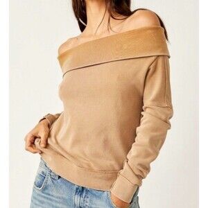Free People Not The Same Tee Womens Small Beige Off Shoulder Long Sleeve